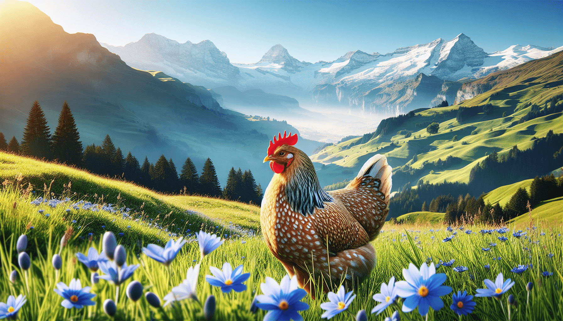 Swiss chicken in alpine meadow